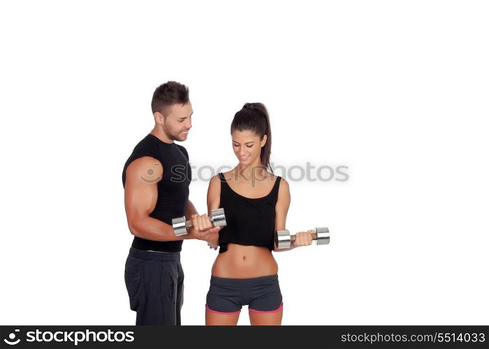 Training with my personal trainer isolated on white