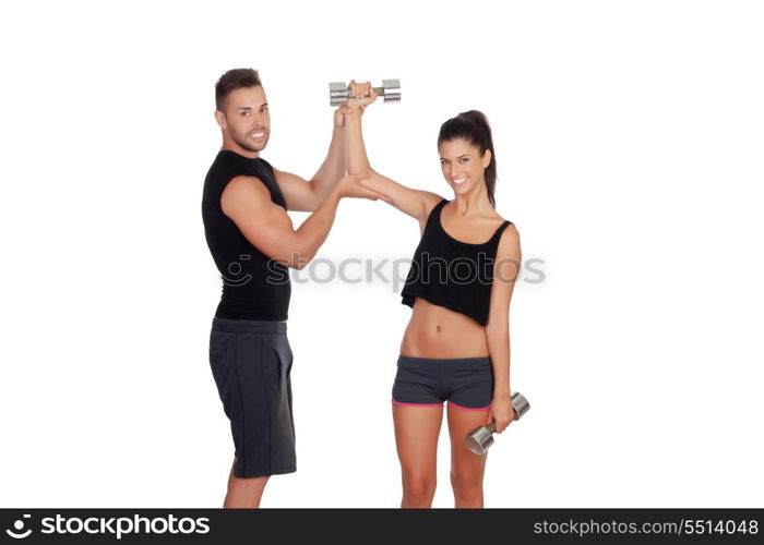 Training with my personal trainer isolated on white