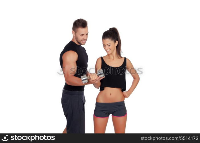 Training with my personal trainer isolated on white