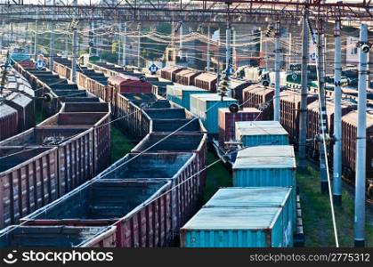 Trains of freight wagons in marshalling yard