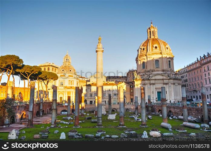 Trajan Forum ruins in Rome early in the morning