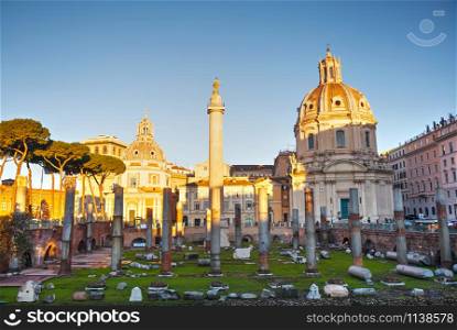 Trajan Forum ruins in Rome early in the morning