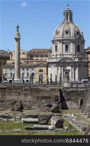 Trajan&rsquo;s Column (Collonna Traiana) a Roman triumphal column in Rome, Italy, that commemorates Roman emperor Trajan&rsquo;s victory in the Dacian Wars.. Trajan&rsquo;s Column - Rome - Italy