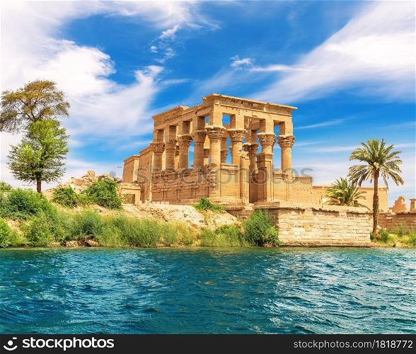 Trajan&rsquo;s Kiosk or the Pharaoh&rsquo;s Bed of the Philae Temple, view from the Nile, Aswan, Egypt.