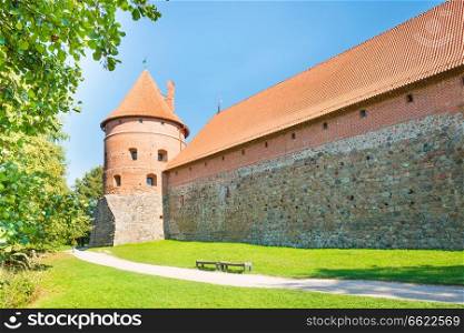 Trakai castle with brick walls on island in Lithuania