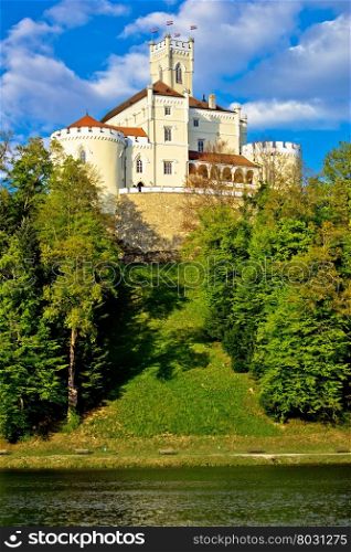 Trakoscan castle and green lake vertical view, Zagorje, Croatia