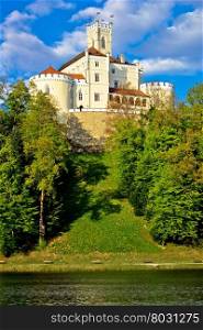 Trakoscan castle and green lake vertical view, Zagorje, Croatia