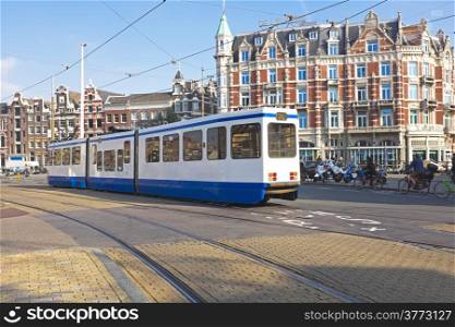 Tram driving in Amsterdam the Netherlands