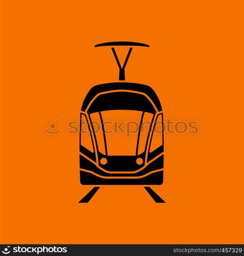 Tram icon front view. Black on Orange background. Vector illustration.