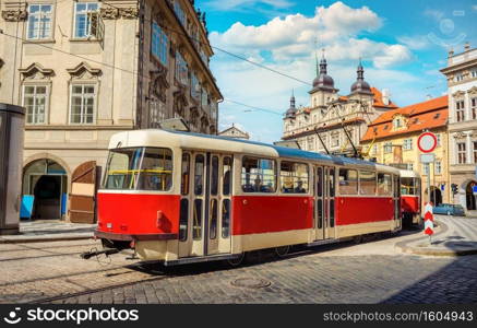 Tram in Prague on a historic street. Tram in Prague