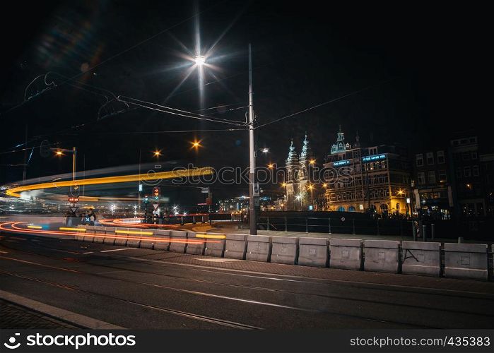 Tram light trails at night european capital