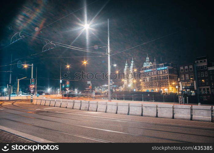 Tram light trails at night european capital