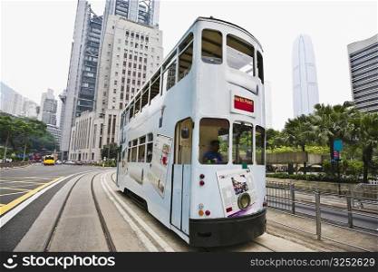 Tram moving on the track, Des Voeux Road, Hong Kong Island, China