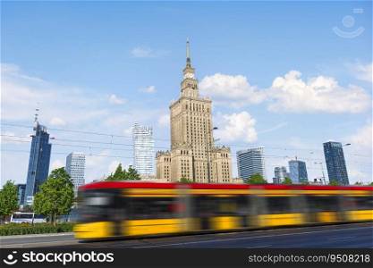 Tram on the road near Palace of Science and Culture in Warsaw