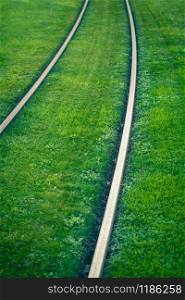 Tram rails covered with green grass lawn in Bilbao, Spain