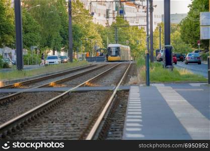 Tram railway platform in the street of Berlin city.