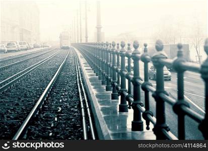 Tramline and railing in Hungary, Budapest