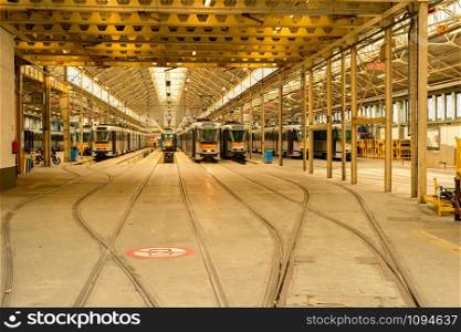 Trams parked in depot, public transport infrastructure, Brussels, Belgium