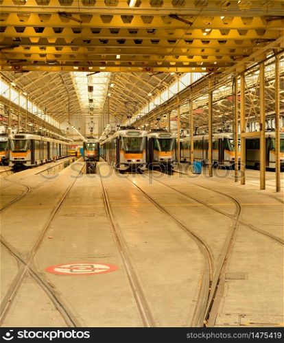 Trams parked in depot, public transport infrastructure, Brussels, Belgium