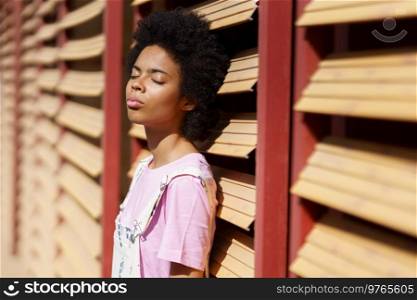 Tranquil African American female with Afro hairstyle standing near wooden wall with closed eyes while enjoying sunlight on summer day. Peaceful black woman standing under sunshine