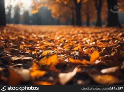 tranquil autumn fall country landscape with orange fallen leaves