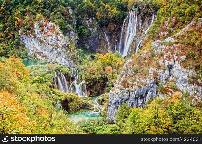 Tranquil autumn scenery of the Plitvice Lakes National Park in Croatia.
