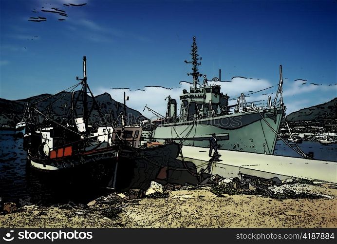 Tranquil Pier with Warship and Civilian Fishing Boats Together