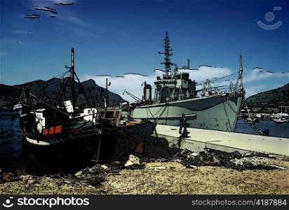 Tranquil Pier with Warship and Civilian Fishing Boats Together