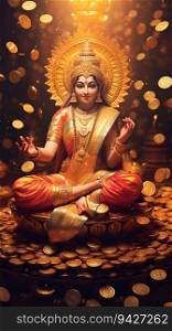 Tranquil Portrayal of Lakshmi, Hindu Goddess of Wealth, Seated on Lotus with Flowing Gold Coins. Generative ai. High quality illustration. Tranquil Portrayal of Lakshmi, Hindu Goddess of Wealth, Seated on Lotus with Flowing Gold Coins. Generative ai