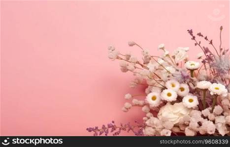 Tranquil still life of white daisies in a vase against a soothing pink backdrop. Created with generative AI tools. Tranquil still life of white daisies in a vase. Created by AI