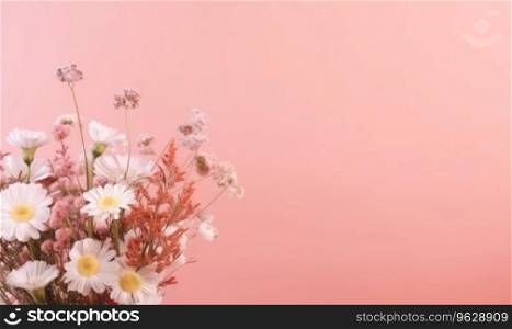 Tranquil still life of white daisies in a vase against a soothing pink backdrop. Created with generative AI tools. Tranquil still life of white daisies in a vase. Created by AI