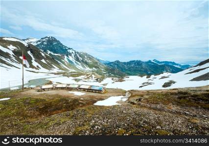 Tranquil summer Alps mountain (view to Grossglockner High Alpine Road) and signs about