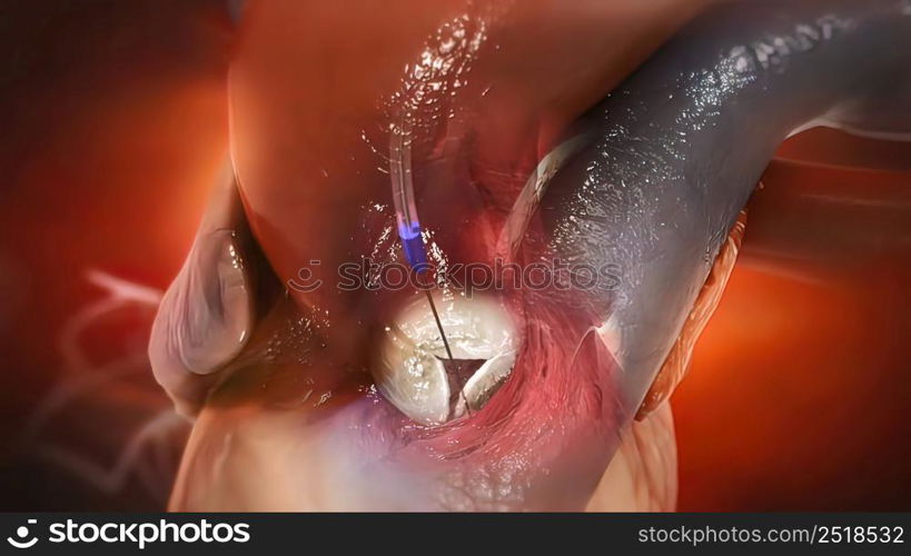 Transcatheter aortic valve replacement is a minimally invasive procedure to replace a narrowed aortic valve that fails to open properly 3D illustration. 3D Medical of transcatheter aortic valve replacement
