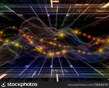 Transfer in Space. Virtual Wave series. 3D rendering of horizontal sine waves and light particles for subject of data transfer, virtual, artificial, mathematical reality.