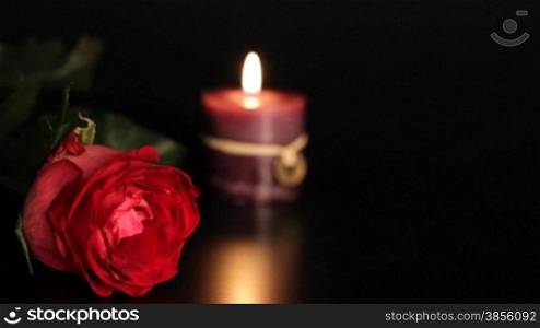 Transfer of focus from red rose on candle.