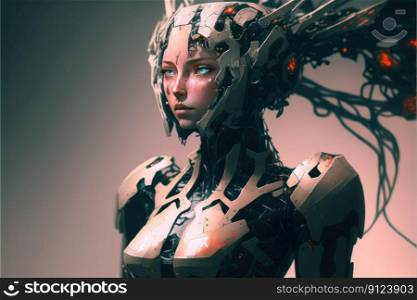 Transforming cyborg beauty with a girl humanoid. Inspiration of gaming robotic characteristic with cyber steel suit. Finest generative AI.. Transforming cyborg beauty with a girl humanoid.