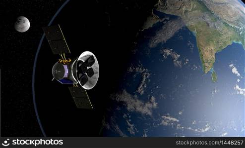 Transiting Exoplanet Survey Satellite TESS space telescope in orbit of planet Earth with moon in background. 3D illustration