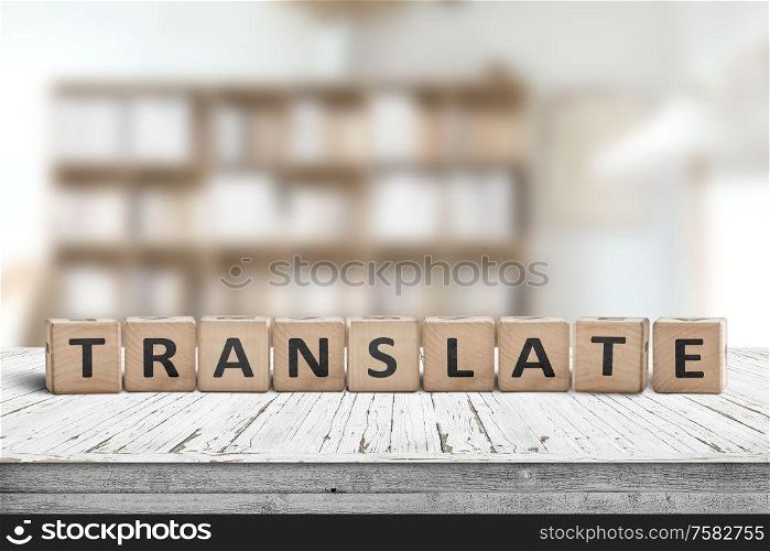 Translate message on a desk in a bright living room in the background