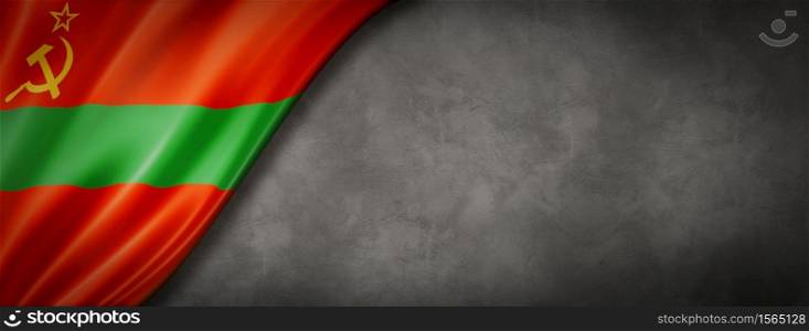 Transnistria State flag on concrete wall. Horizontal panoramic banner. 3D illustration. Transnistria flag on concrete wall banner