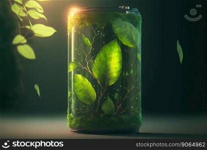 Transparent battery with green leaves inside. Green energy concept. Generative AI.. Transparent battery with green leaves inside. Green energy concept. Generative AI