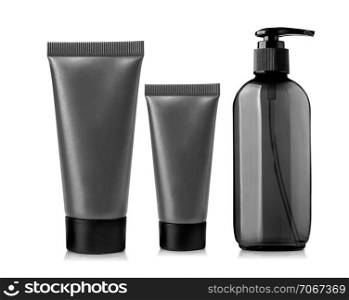 Transparent black bottle package isolated on white background