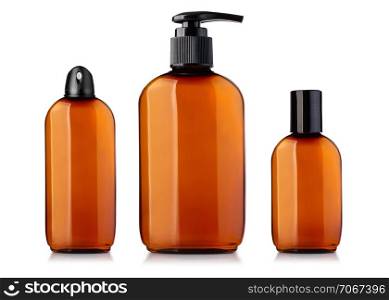 Transparent brown bottle package isolated on white background