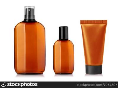 Transparent brown bottle package isolated on white background