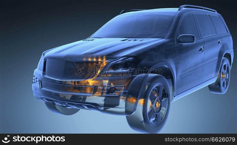 transparent car rotate. visible engine and gear transmission. Transparent Car Rotate