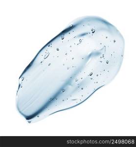 Transparent clear blue liquid serum gel smudge with bubbles isolated on white background