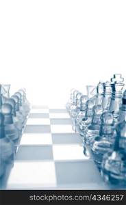 transparent glass chess pieces is standing in row
