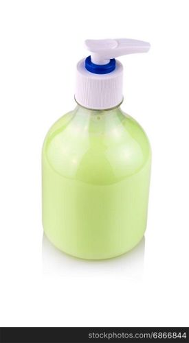 Transparent plastic bottle with green liquid hand soap and white dispenser lid, isolated on white background