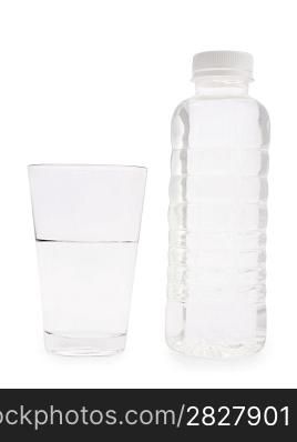 transparent plastical bottle and glass with water isolated