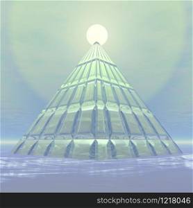 Transparent pyramid made with glass in front of clear sunset. Pyramid to sun - 3D render