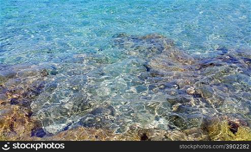 Transparent sea water near a rocky shore